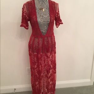 Long red, sexy, lace dress